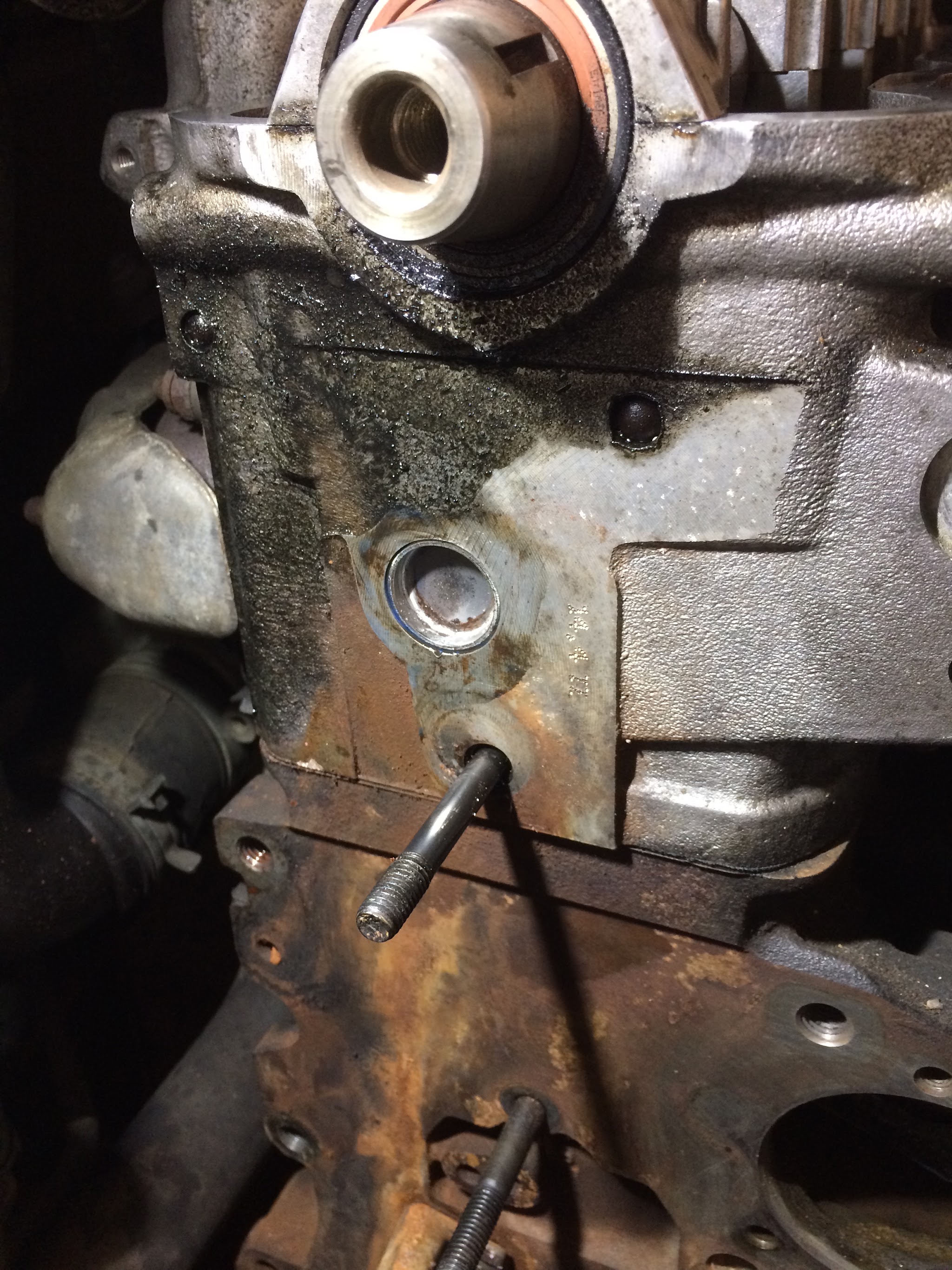 Close-up of an engine block part way through a repair