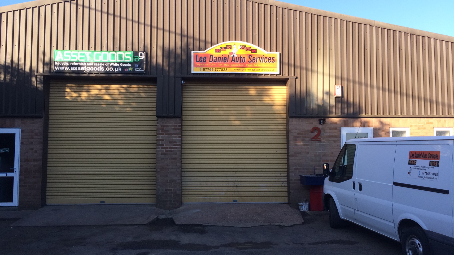 The front of our units at Hatchmoor Industrial Estate with the van parked outside